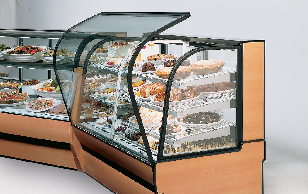 CURVED GLASS BAKERY 2 PIECE LINE UP WITH FRONT GLASS OPEN